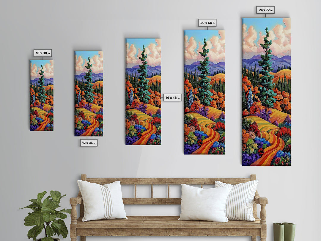 Autumn Pathway, Fields Vibrant — Framed Canvas Print, fall landscape painting, rustic farmhouse decor, countryside path wall art, living room