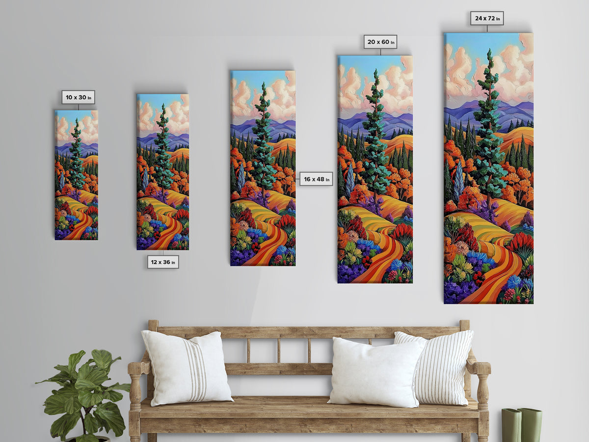 Autumn Pathway, Fields Vibrant — Framed Canvas Print, fall landscape painting, rustic farmhouse decor, countryside path wall art, living room