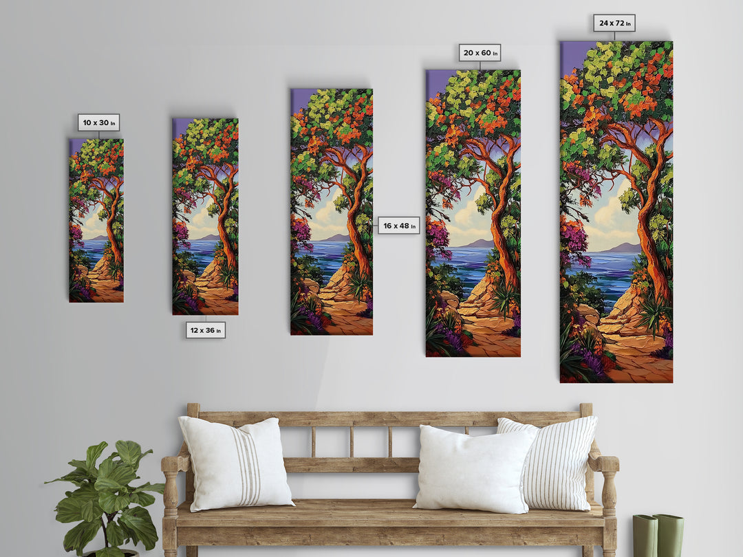Coastal Trail,Trees,Escape — Framed Canvas Print, tropical coastal decor, beachside nature wall art, entryway or hallway boho painting
