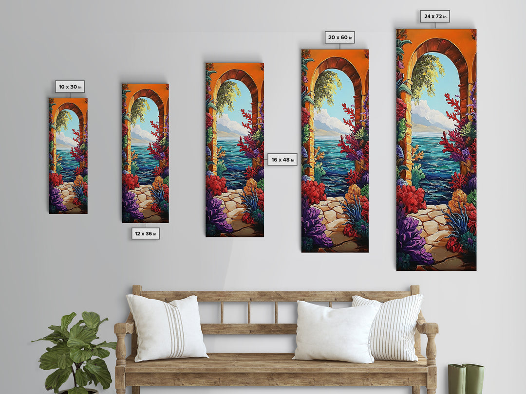 Ocean View, Archway Art, Tropical Seascape, Framed Canvas Print, Coastal Home Decor, Mediterranean Entryway Art, Bright Nautical Art