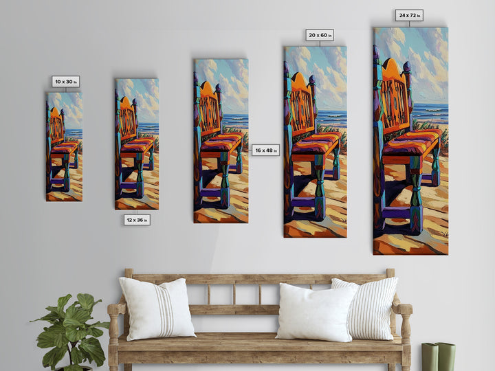 Ocean Chair, Beach View, Coastal Outdoor Scene, Framed Canvas Print, Seaside Patio Art, Tropical Boho Decor, Relaxing Vacation Vibes