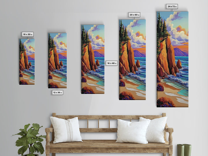 Rocky Coast, Ocean Cliffs, Sunset Mountain Seascape, Framed Canvas Print, Nature Landscape Wall Art, Fall Living Room Wilderness Decor