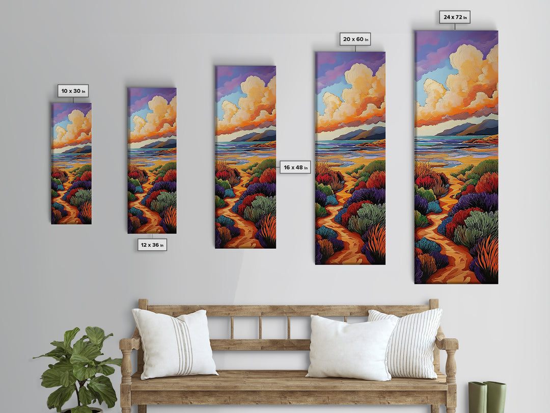 Beach Trail, Colorful Dunes, Seaside Nature, Framed Canvas Print, vibrant coastal landscape painting, tropical home wall art, bedroom art