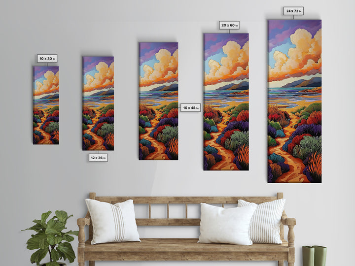 Beach Trail, Colorful Dunes, Seaside Nature, Framed Canvas Print, vibrant coastal landscape painting, tropical home wall art, bedroom art