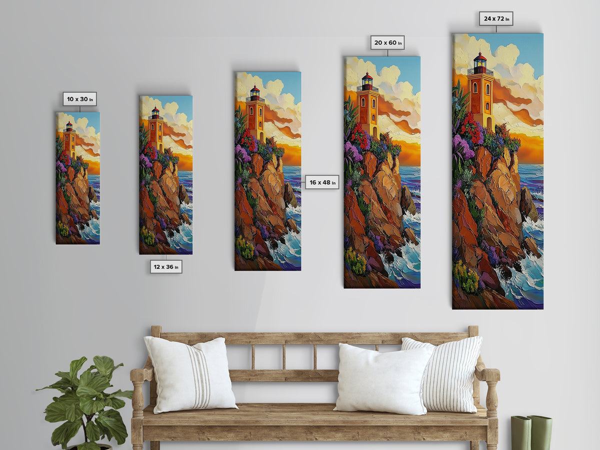 Lighthouse Sunset, Ocean Rocky, Framed Canvas Print, Nautical coastal art, lighthouse wall decor, living room or beach house art