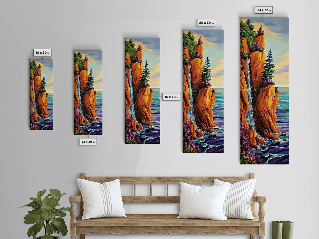 Coastal Cliffside, Waterfall, Pines - Framed Canvas Print, vibrant coastal landscape art, boho nature painting, hallway or office wall art