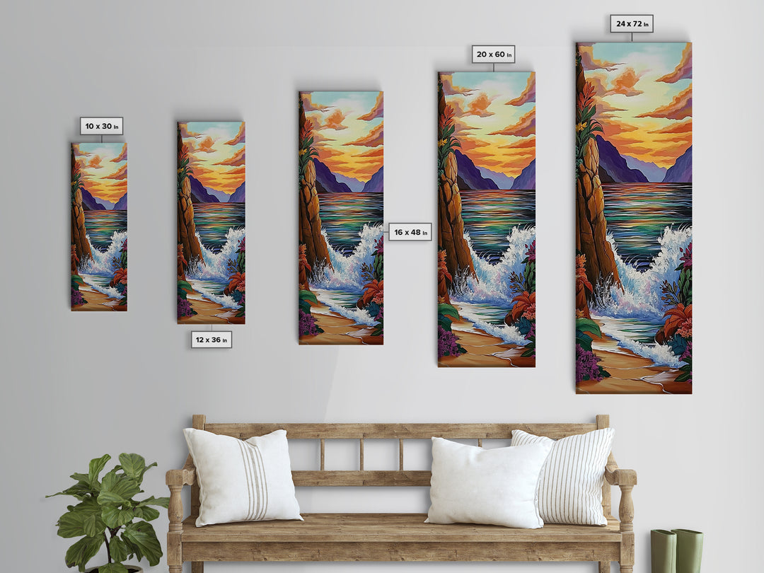Coastal Sunset Waves Garden, Framed Canvas Print, Ocean beach sunset painting, floral wall decor, coastal fall home art, bohemian vibe