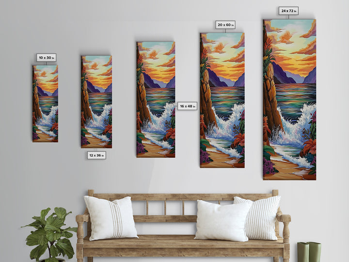 Coastal Sunset Waves Garden, Framed Canvas Print, Ocean beach sunset painting, floral wall decor, coastal fall home art, bohemian vibe