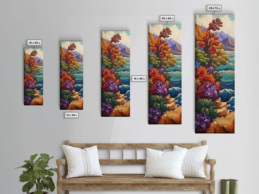 Autumn Cliff, Blossoms Ocean, Framed Canvas Print, fall coastal landscape art, mountainside floral decor, nature living room wall print