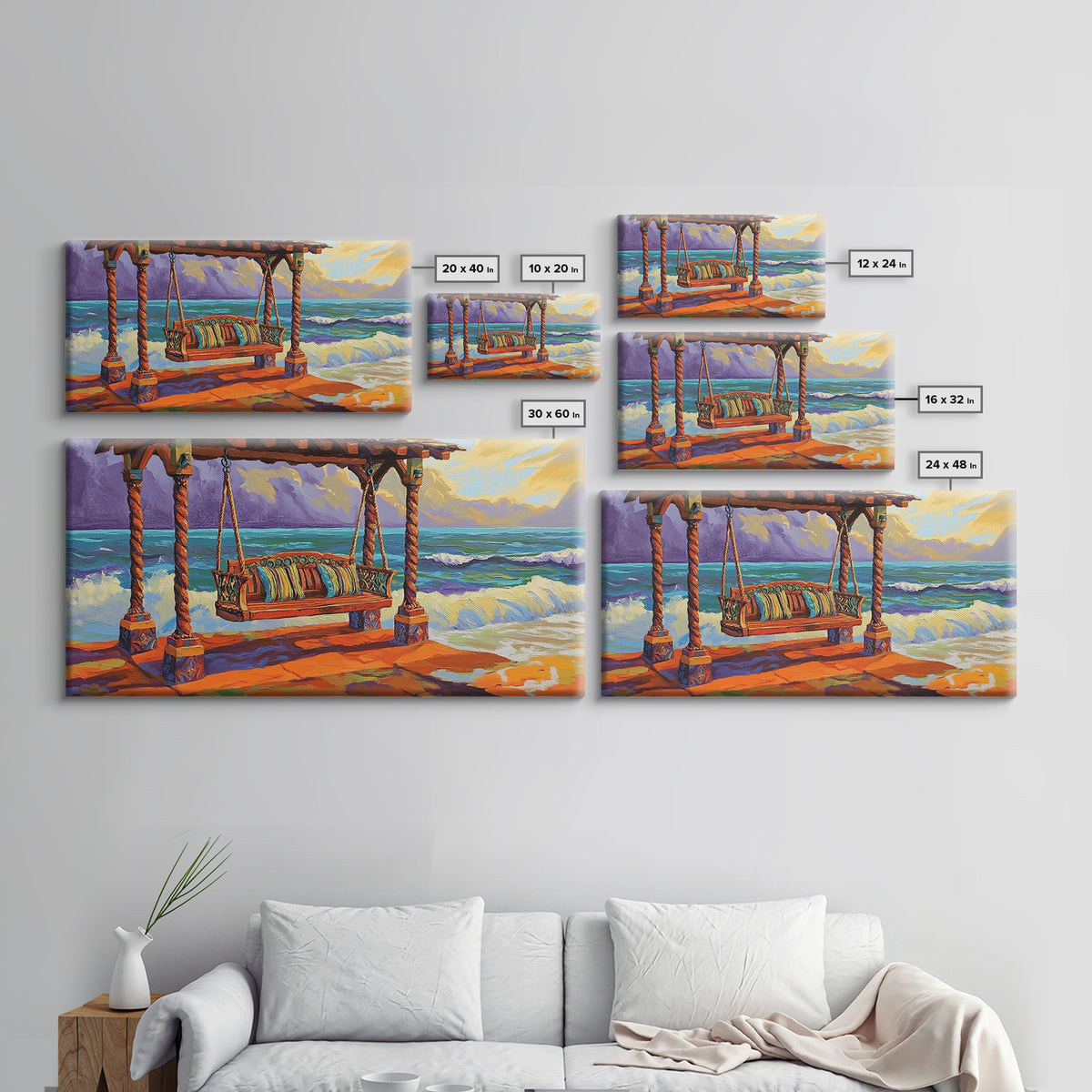 Swing Ocean, Sunset, Relaxing Coastal Art Canvas Print, Beach Swing Decor, Vibrant Seaside Living Room Wall Art, Boho Style