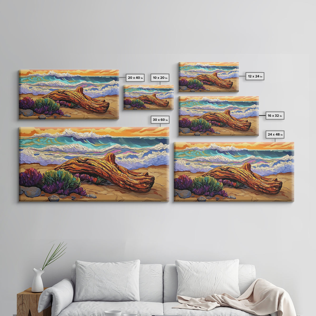 Coastal Driftwood, Waves, Sunset, Framed Canvas Print, ocean beach decor, colorful seascape, tropical wall art, living room wall art