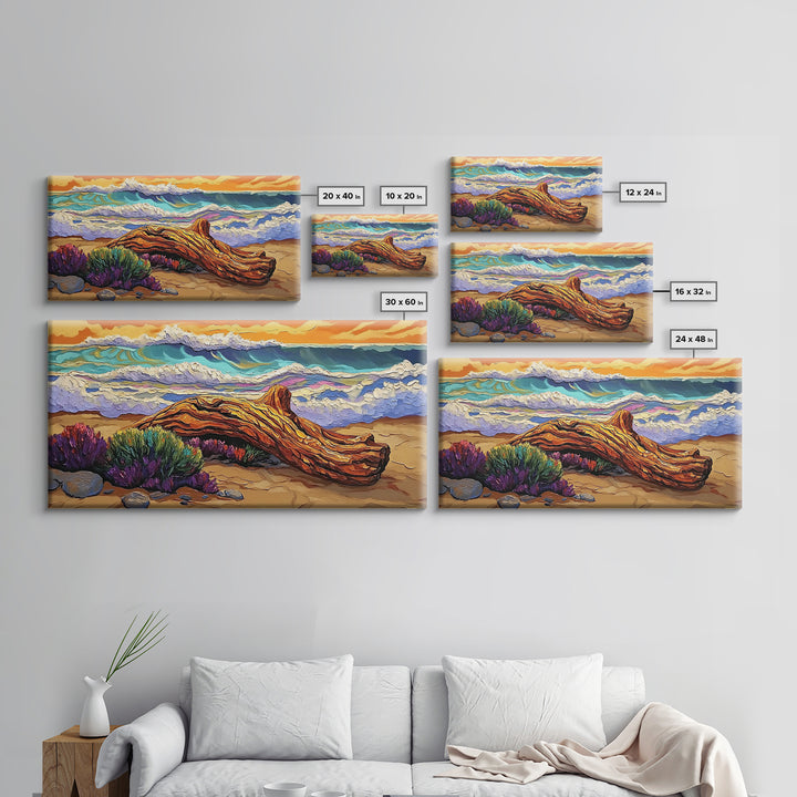 Coastal Driftwood, Waves, Sunset, Framed Canvas Print, ocean beach decor, colorful seascape, tropical wall art, living room wall art