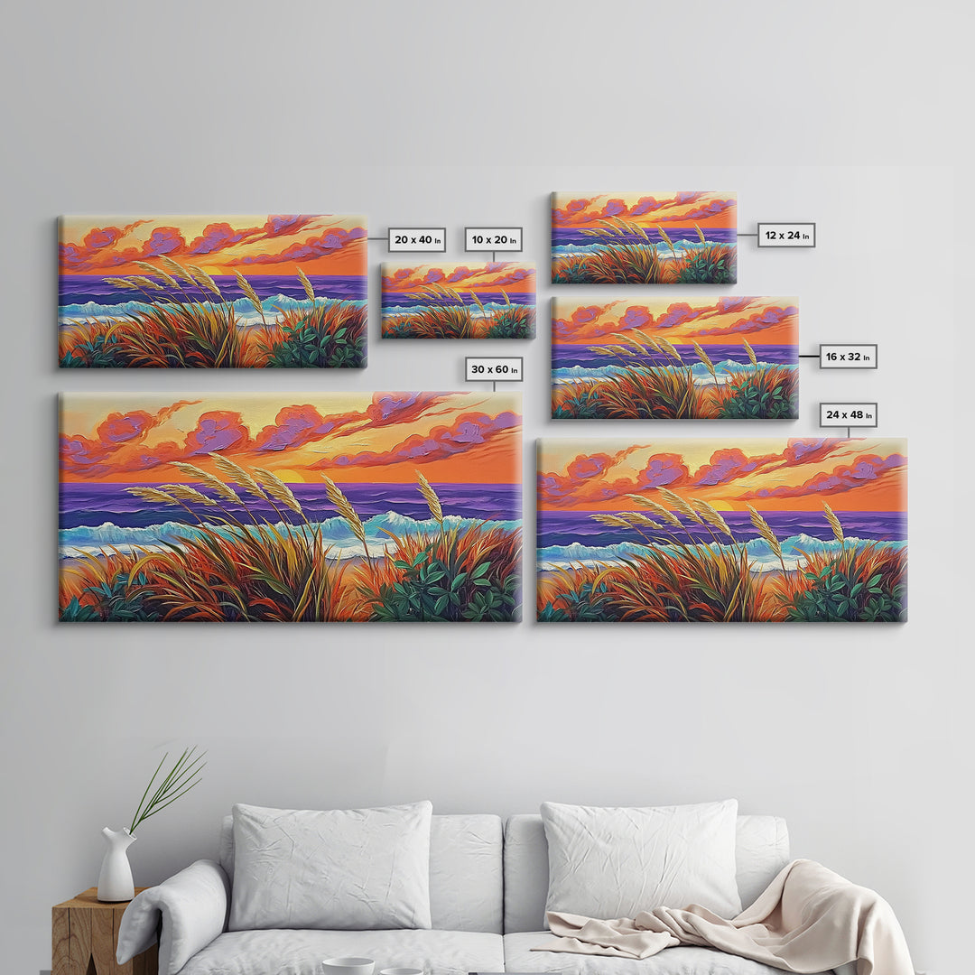 Ocean Sunset, Dunes, Seagrass, Canvas Print beach landscape wall decor, coastal art, vibrant sunset painting, tropical boho home decor