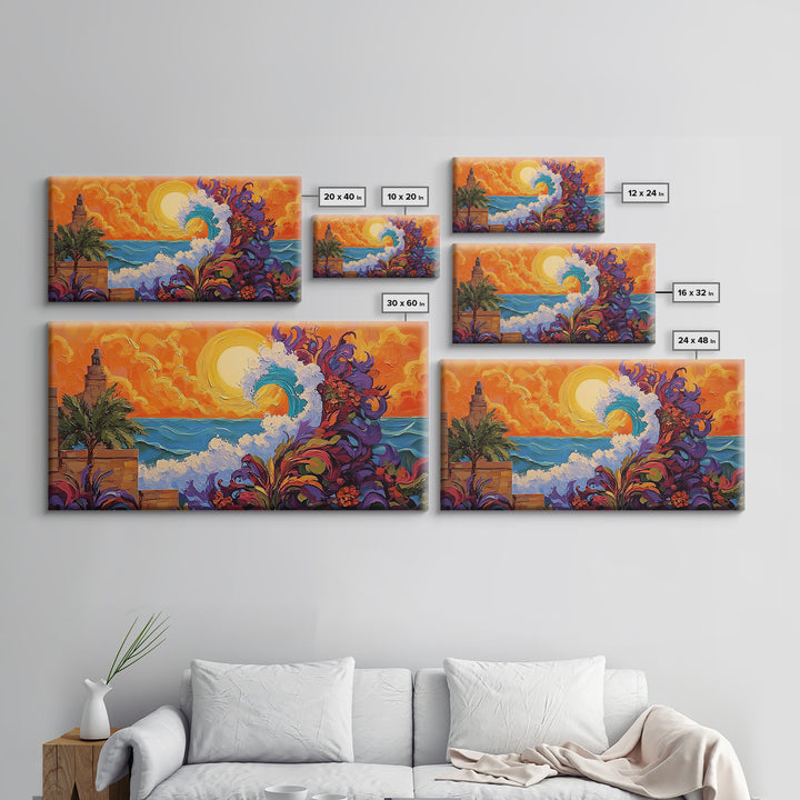 Ocean Wave, Sunset, Lighthouse, Framed Canvas Print vibrant coastal art, whimsical seascape painting, tropical decor, beach wall art