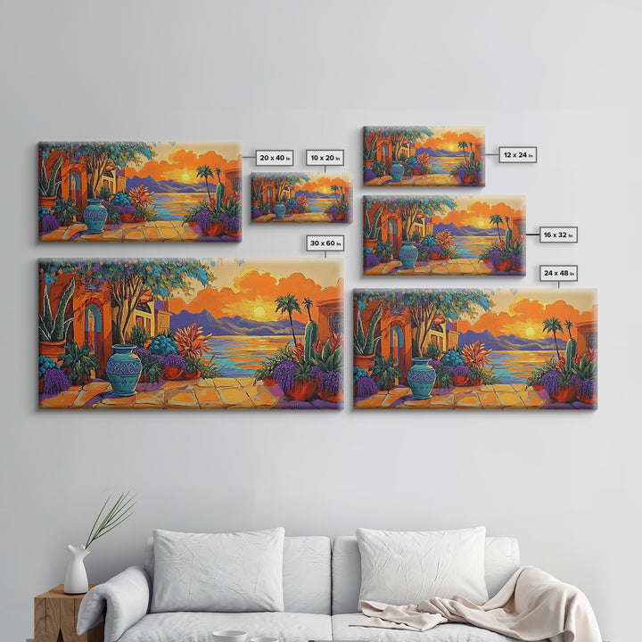 Sunset Courtyard, View, Vibrant sunset courtyard scene with ocean and mountain backdrop, Framed Canvas Print, kitchen wall art