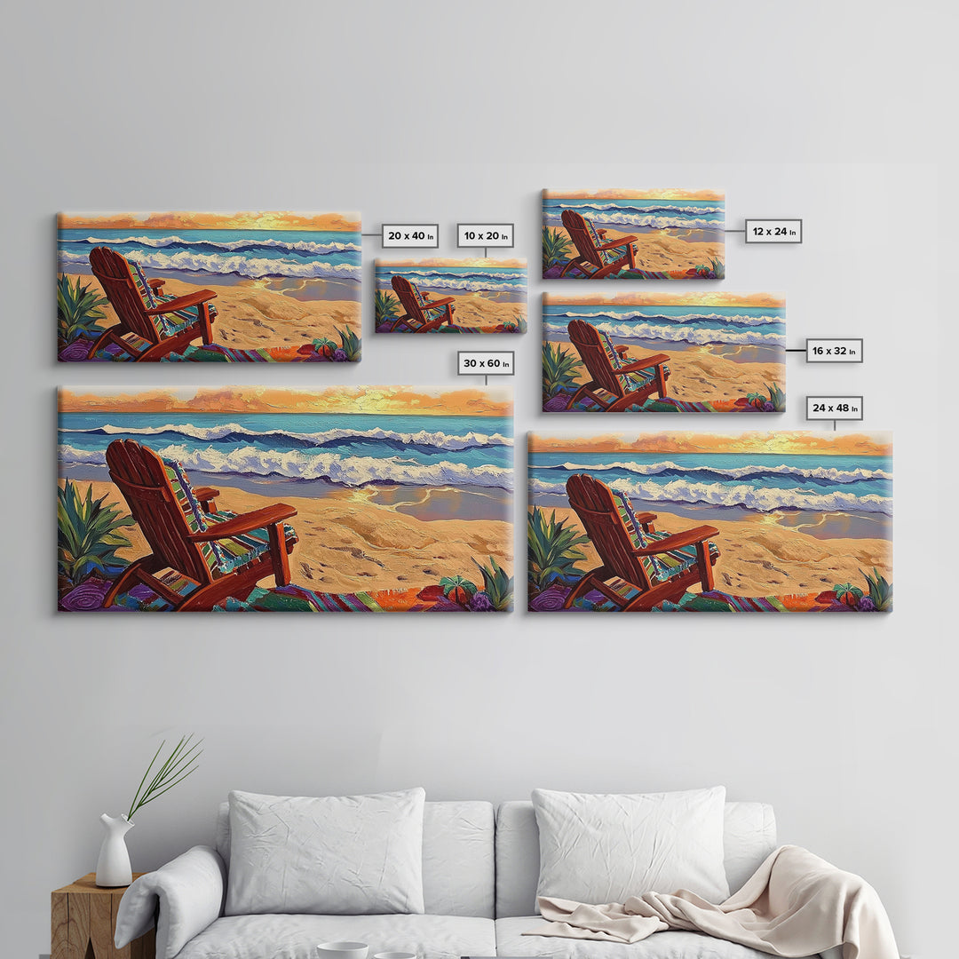 Chair Ocean, Sunset, Framed Canvas Print, Tranquil Beach Chair Painting, Relaxing Seaside Wall Decor, Zen Office Artwork
