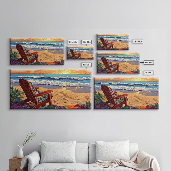 Chair Ocean, Sunset, Framed Canvas Print, Tranquil Beach Chair Painting, Relaxing Seaside Wall Decor, Zen Office Artwork