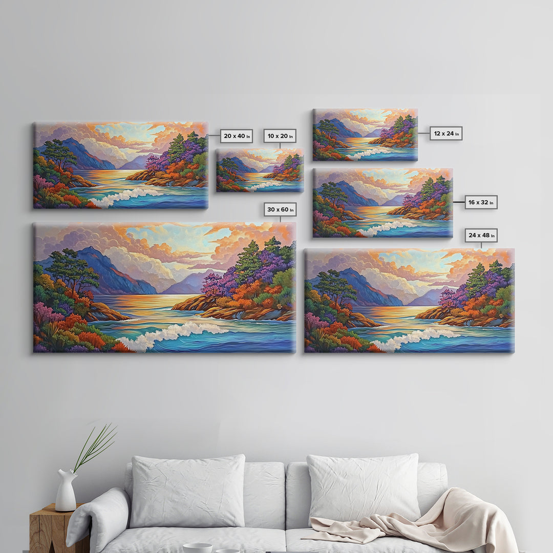 Ocean Sunset View, Vibrant Coastline, Mountain Landscape, Canvas Print, Living Room Wall Art, Colorful Seascape, Nature Painting