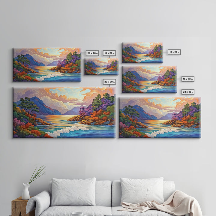 Ocean Sunset View, Vibrant Coastline, Mountain Landscape, Canvas Print, Living Room Wall Art, Colorful Seascape, Nature Painting
