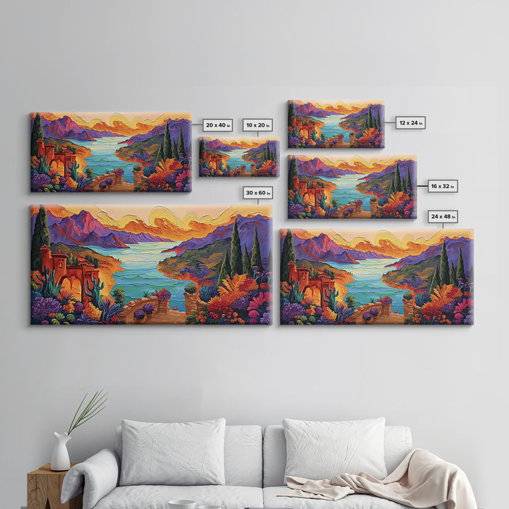 Fantasy Canyon View, Vibrant Mountain Art, Lakeside Sunset, Canvas Print, Mediterranean Decor, Dreamscape Wall Art, Nature Painting