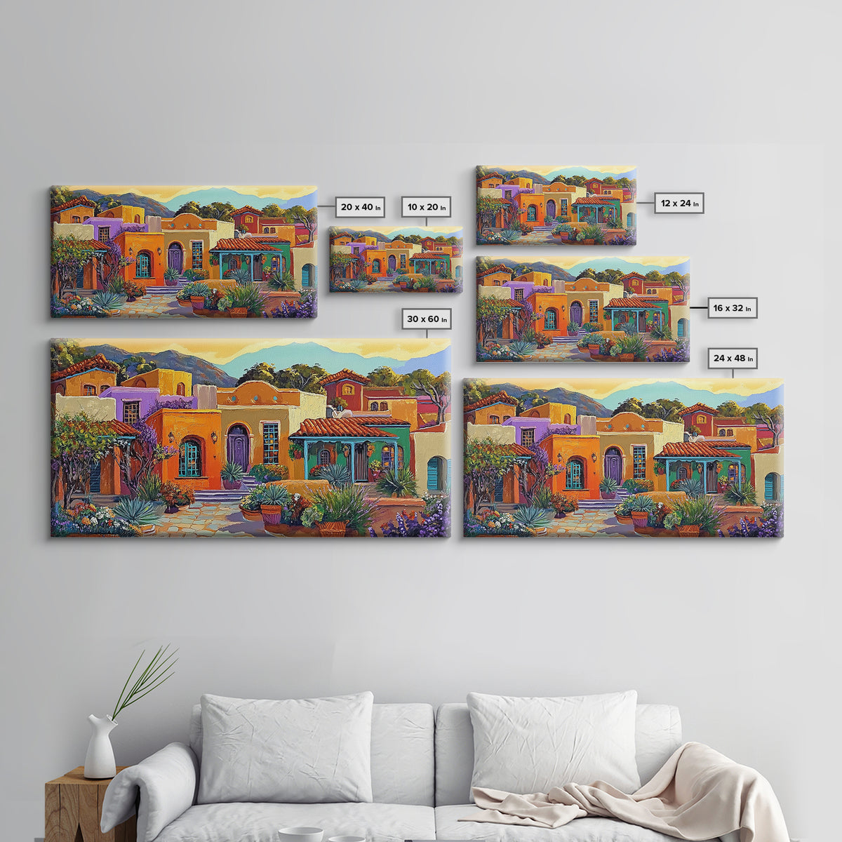 Colorful Adobe Homes, Desert Village Scene, Southwest Art Style, Canvas Print, Boho Wall Decor, Vibrant Courtyard Painting