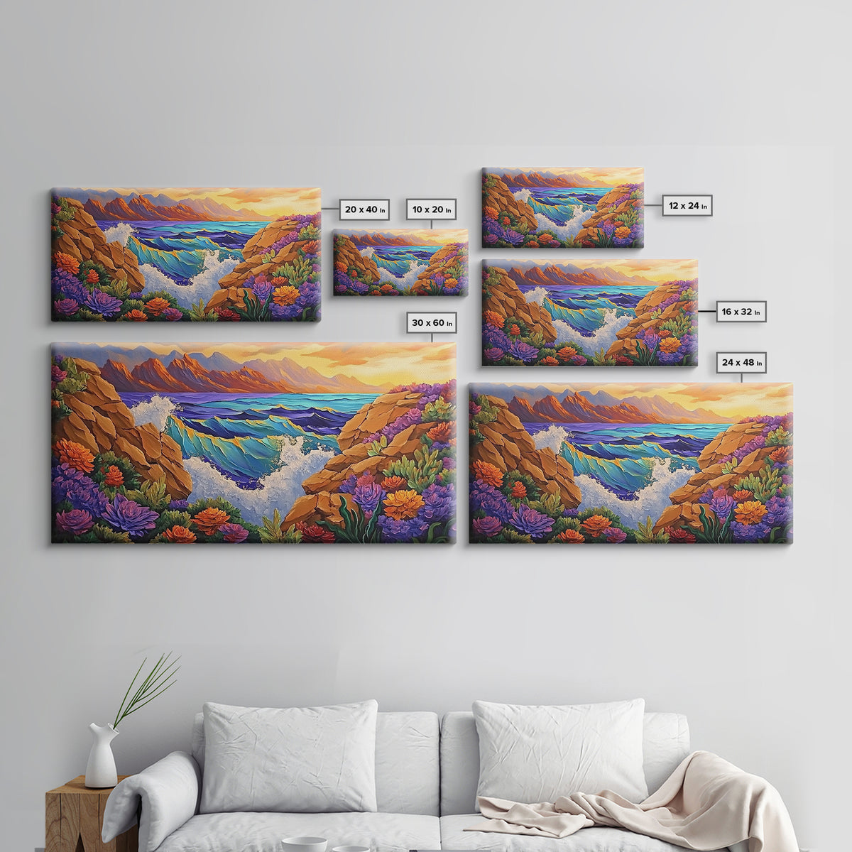 Ocean Cliff View, Crashing Waves Sunset, Bold Coastal Art, Framed Canvas Print, Nature Inspired Decor, Vibrant Seascape Painting