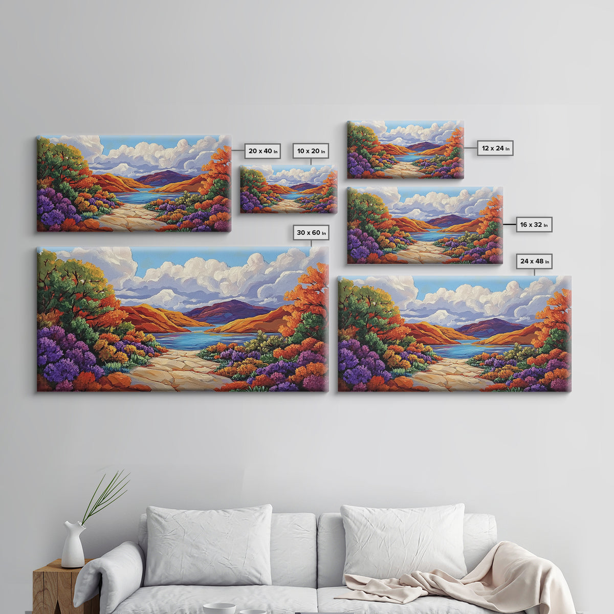 Canyon Lake Path, Colorful Wildflowers, Bold Autumn Hills, Framed Canvas Print, Nature Inspired Wall Art, Southwestern Decor