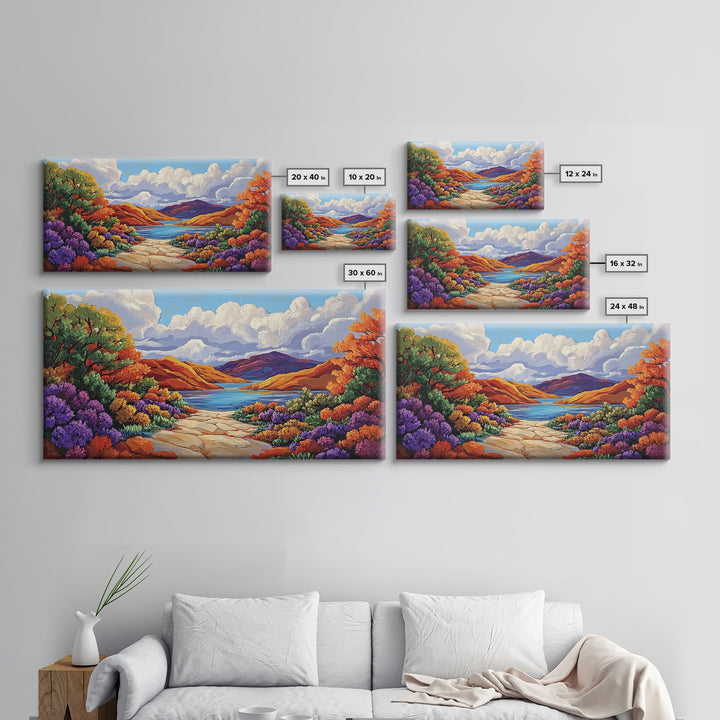 Canyon Lake Path, Colorful Wildflowers, Bold Autumn Hills, Framed Canvas Print, Nature Inspired Wall Art, Southwestern Decor