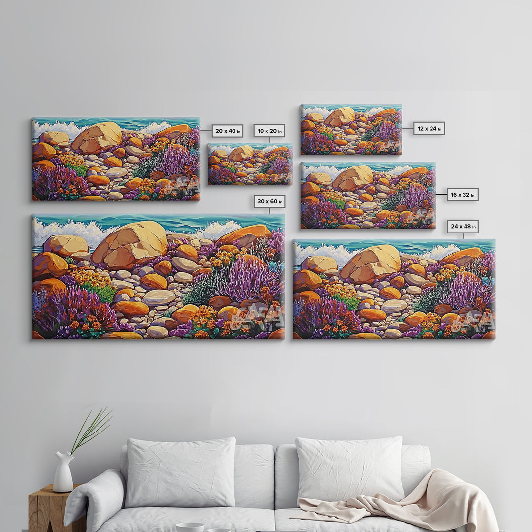 Coastal Garden, Rocks, Framed Canvas Print, Seaside nature landscape wall decor, Kitchen Wall Art, coastal art, vibrant summer vibe