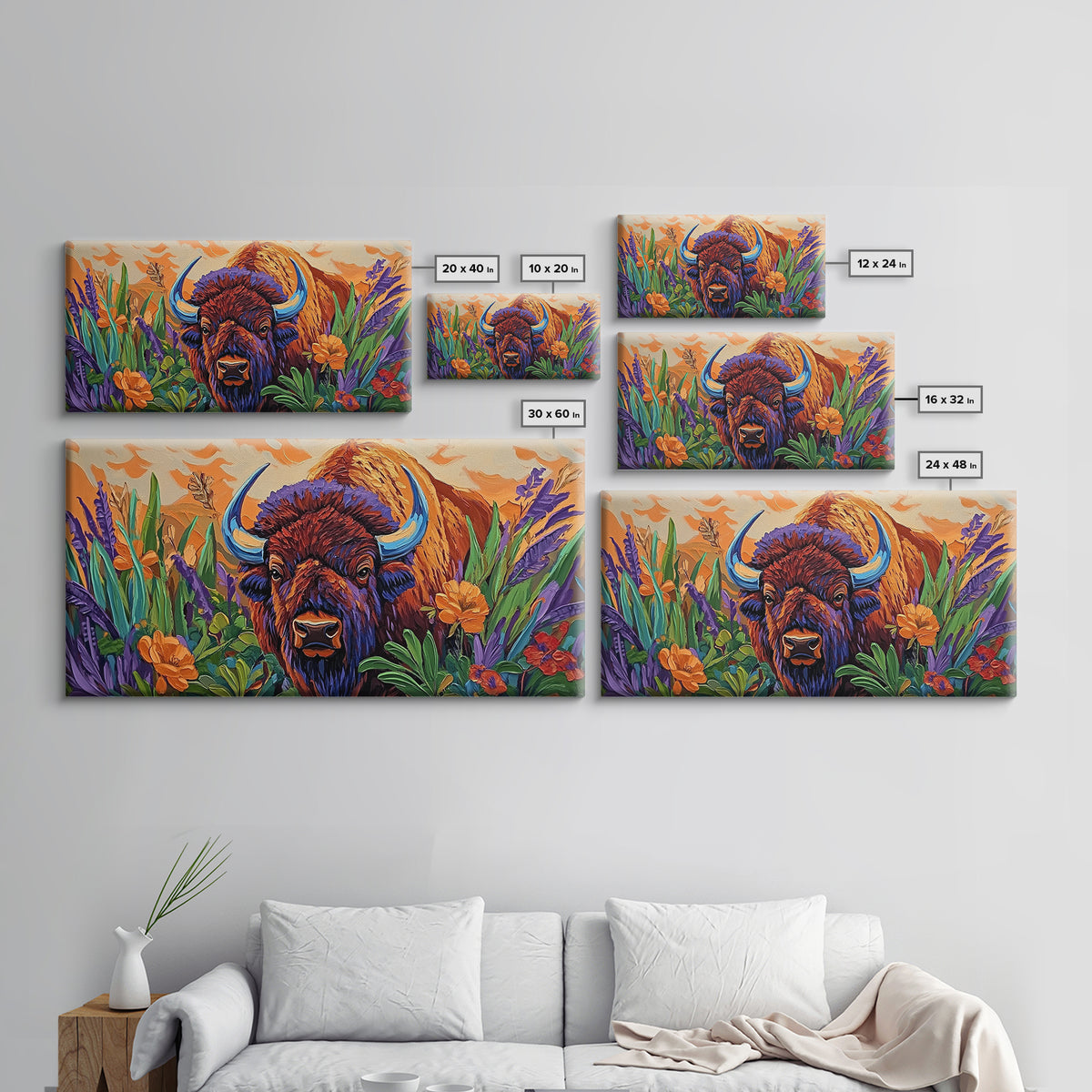 Buffalo Flowers, Bold, Canvas Print, Western bison face art, eclectic boho style, Living Room Wall Art, vibrant wildlife painting