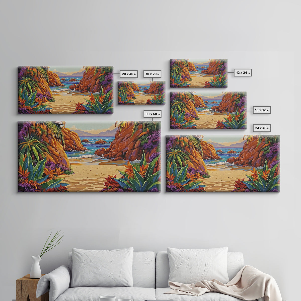 Cove Palms, Beach, Framed Canvas Print, Secluded tropical beach scene, Bedroom Wall Art, boho paradise vibes, coastal summer escape