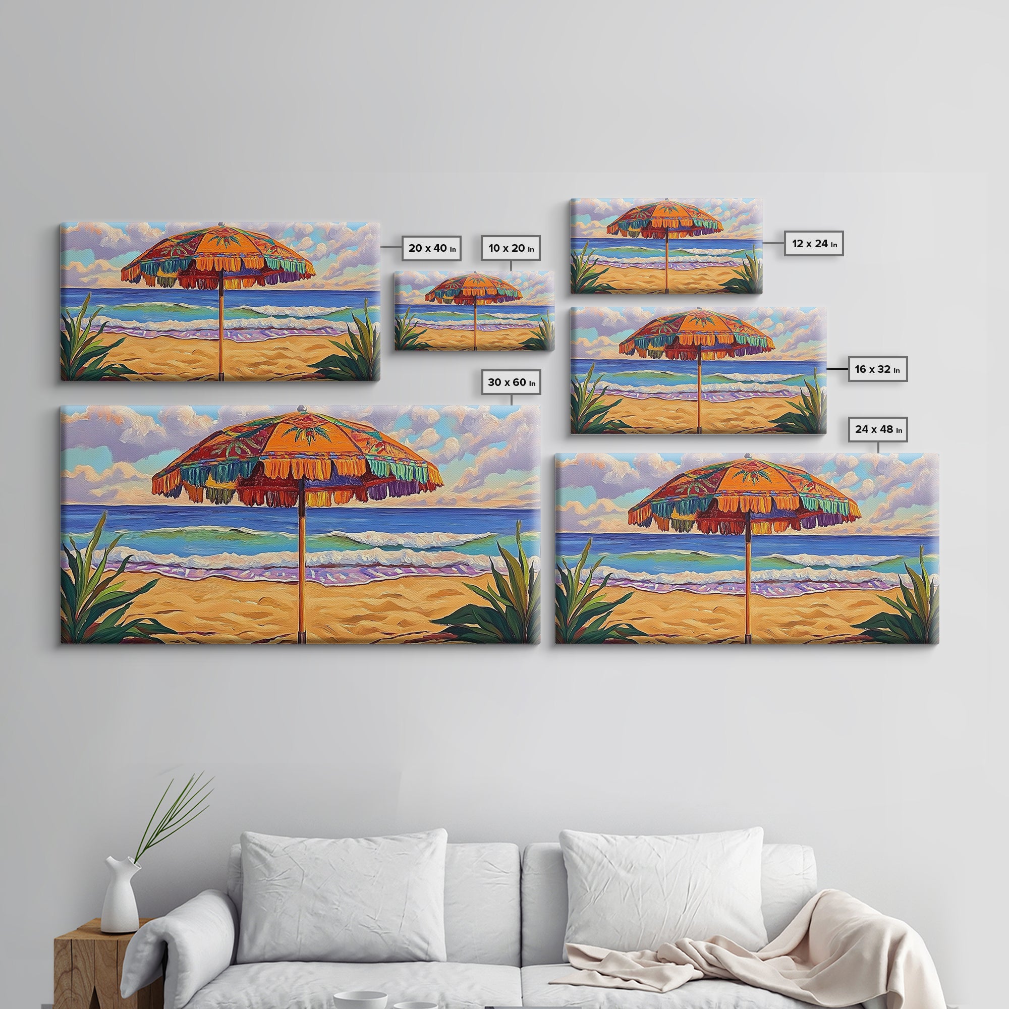 Umbrella Beach, Ocean, Framed Canvas Print, Colorful Beach Umbrella Painting, Retro Coastal Wall Decor, Summer Kitchen Art