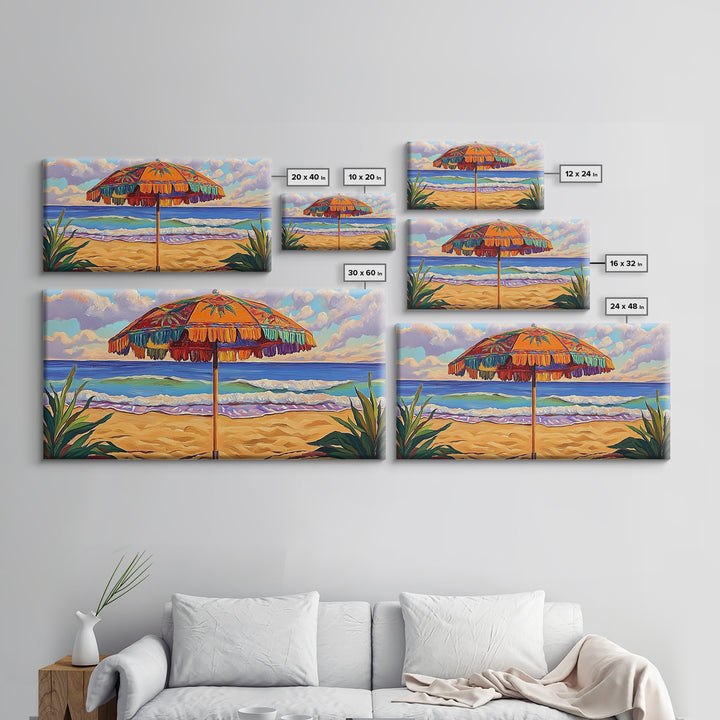 Umbrella Beach, Ocean, Framed Canvas Print, Colorful Beach Umbrella Painting, Retro Coastal Wall Decor, Summer Kitchen Art