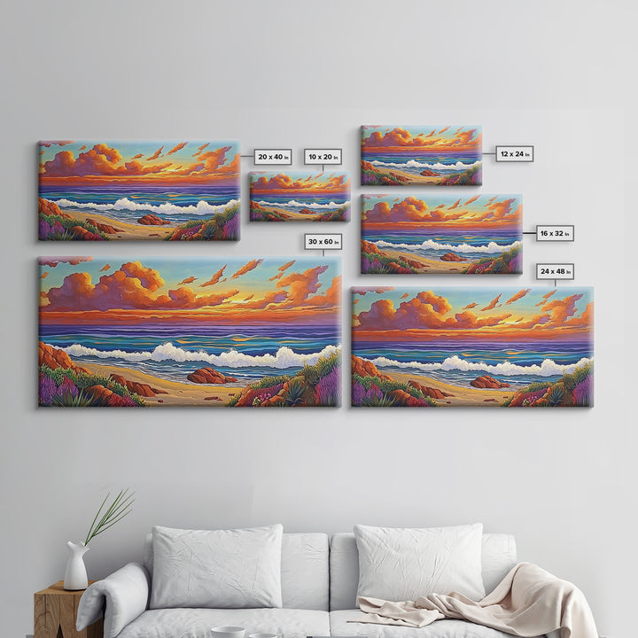 Beach Sunset, Waves, Pastel, Canvas Print, Seaside Landscape Art, Coastal Home Wall Decor, Serene Living Room Accent