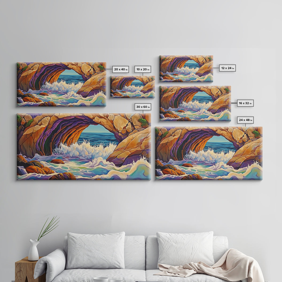 Cave Ocean, Wave, Cliff, Canvas Print, Coastal Nature Art, Bold Seaside Landscape Painting, Living Room Wall Decor, Nature Escape