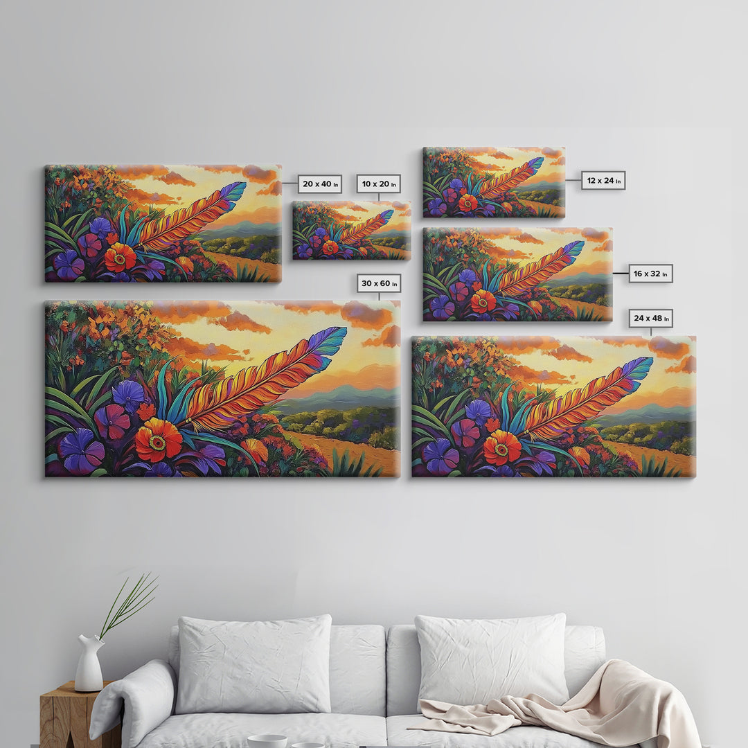 Feather Sunset, Flowers, Nature, Framed Canvas Print, Boho Feather Wall Art, Fall Home Decor, Living Room Autumn Art, Nature Painting