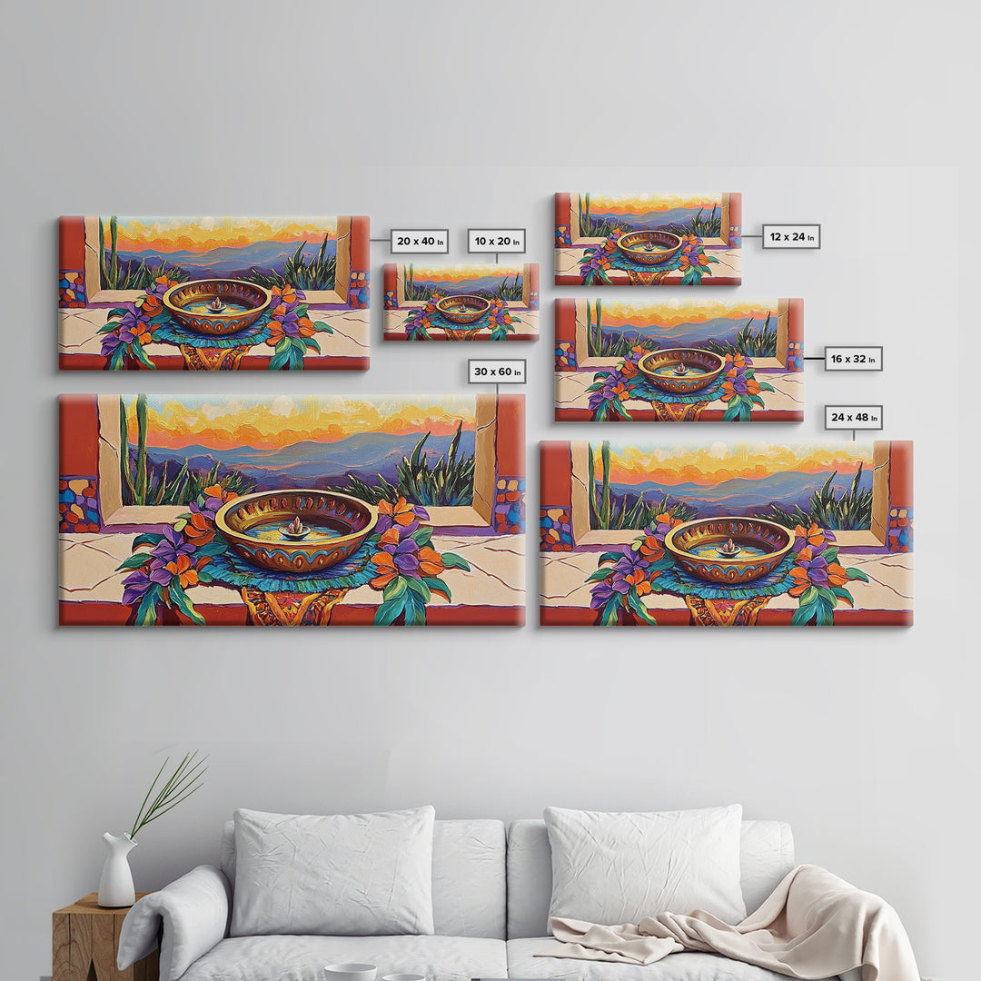 Fountain Sunset Flowers, Serenity, Framed Canvas Print, Southwestern Wall Art, Boho Vibe, Tranquil Home Decor, Kitchen or Entryway Art