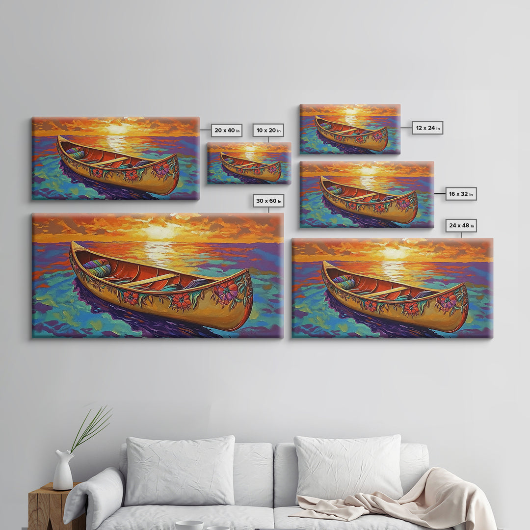 Canoe Sunset, Ocean, Solitude, Framed Canvas Print, Tranquil Beach Wall Art, Summer Decor, Nautical Painting, Living Room Accent