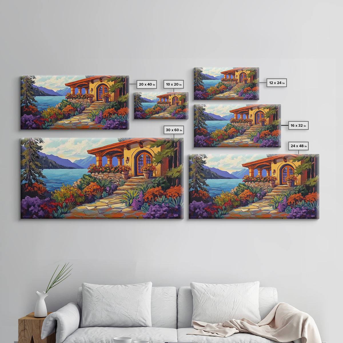 Lake Cabin, Garden, Pathway, Framed Canvas Print lakeside retreat artwork, rustic home wall art, cozy landscape scene, autumn print