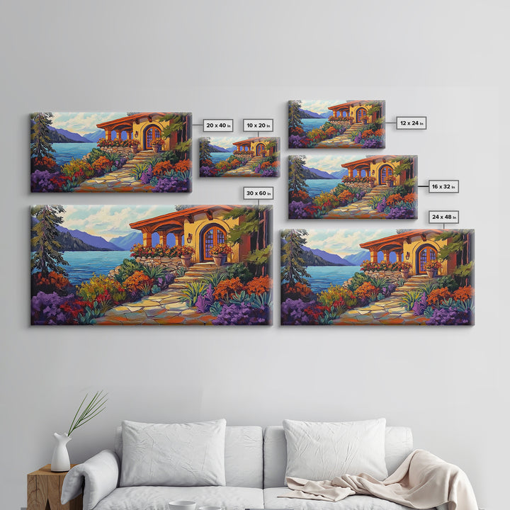 Lake Cabin, Garden, Pathway, Framed Canvas Print lakeside retreat artwork, rustic home wall art, cozy landscape scene, autumn print