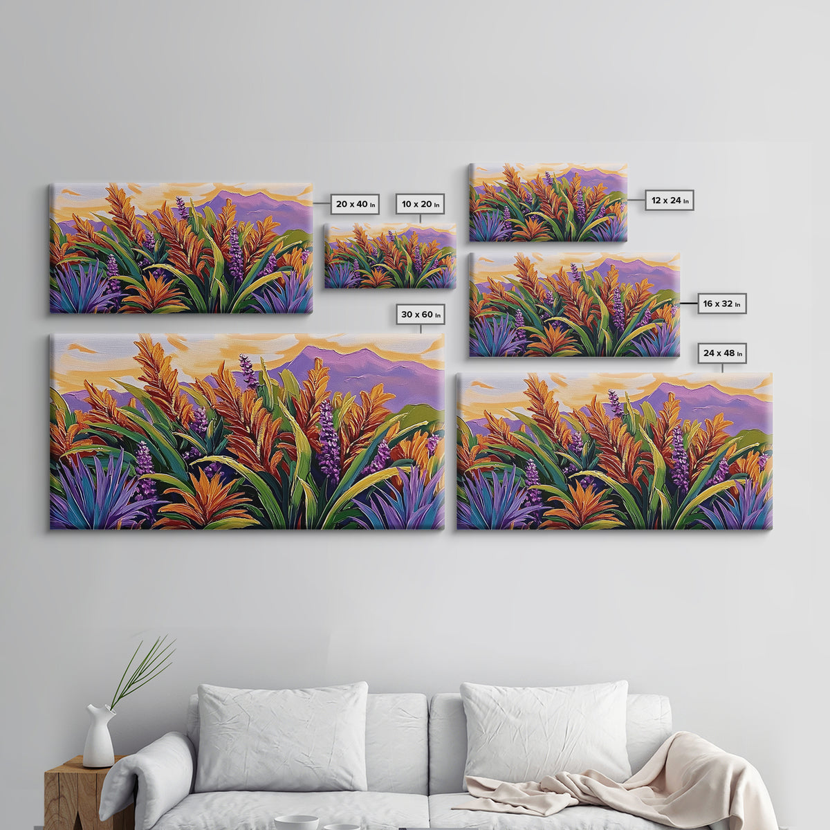 Botanical Sunset, Mountain, Framed Canvas Print, Vibrant Flower Field Painting, Nature Boho Wall Art, Sunset Hallway Decor