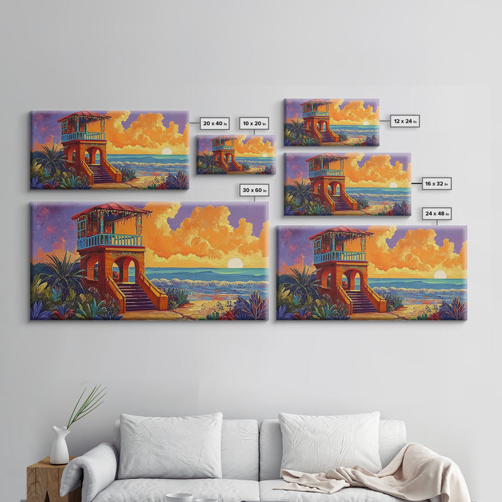 Beach Sunset, Tower, Tropical, Canvas Print, Coastal sunset art, boho beach house decor, vibrant tropical wall art, living room art