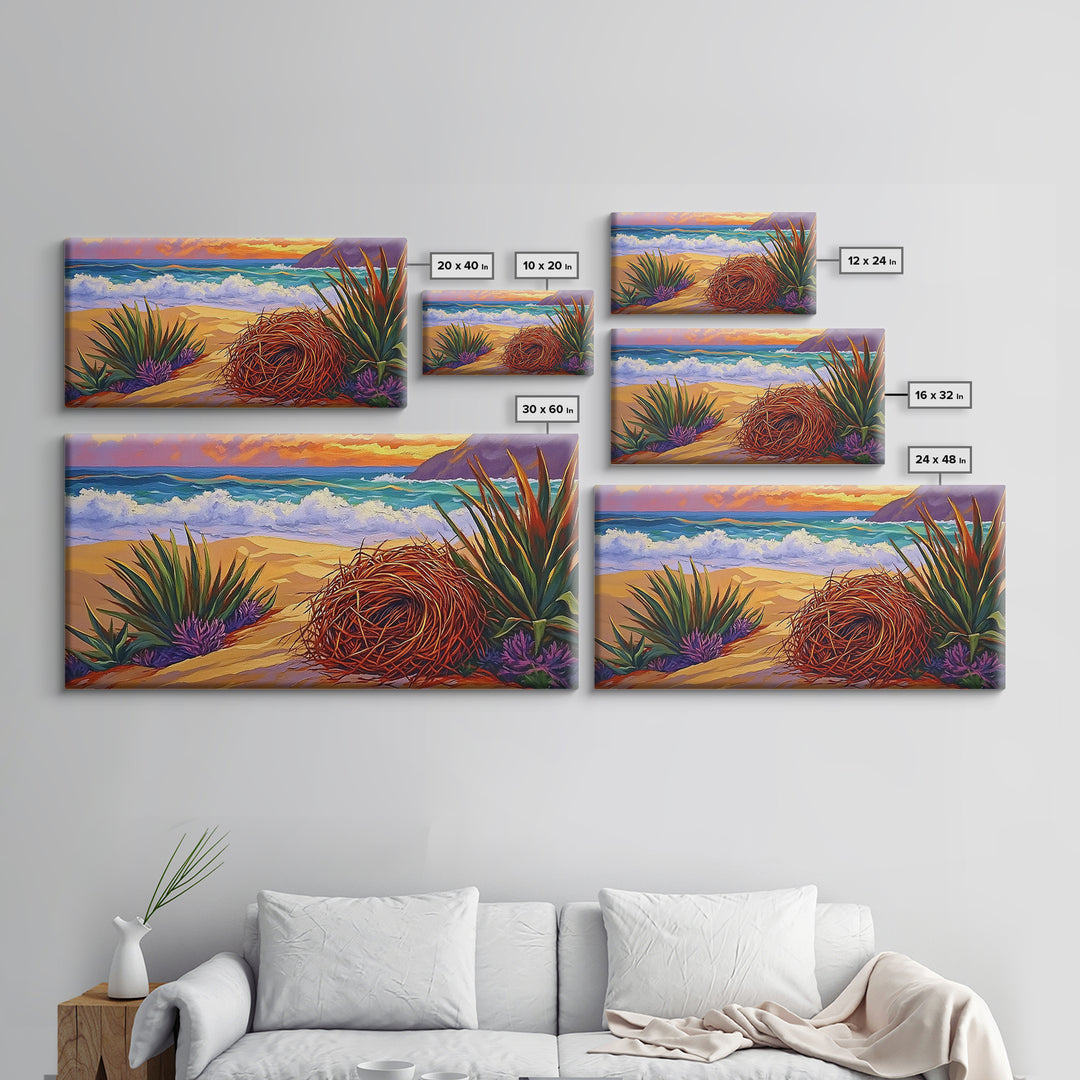 Nest Ocean, Beach, Nature, Framed Canvas Print, Desert beach art, boho coastal nature scene, calming fall tones, living room wall decor