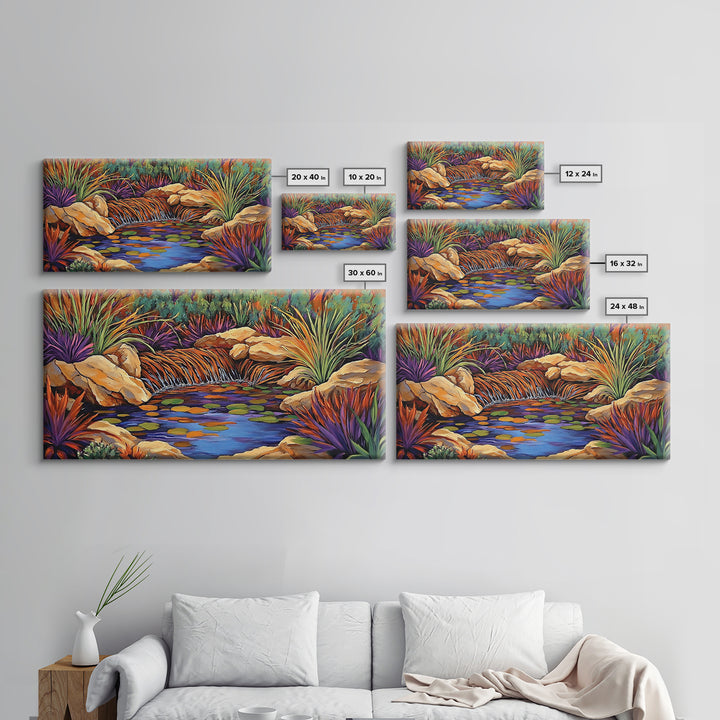 Desert Waterfall, Vibrant, Nature, Framed Canvas Print, desert oasis waterfall, Living Room Wall Art, colorful landscape painting