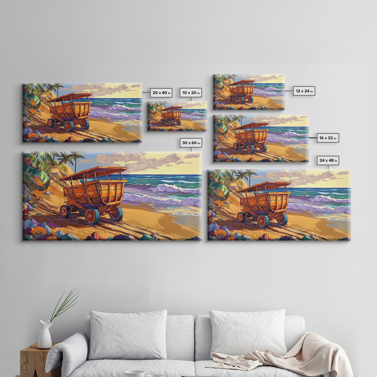 Coastal Cart, Tropical Beach, Ocean Shoreline, Framed Canvas Print, Rustic Wall Art, Coastal Living Room Decor, Summer Vibes Painting
