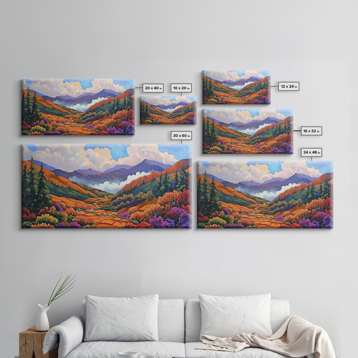 Mountain Valley, Wildflower Trail, Sunset Pathway, Canvas Print, Boho Wall Art, Bedroom or Hallway Decor, Vibrant Nature Painting