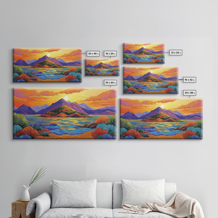 Island Sunset, Mountain Horizon, Ocean Glow, Framed Canvas Print, Bold Wall Art, Bedroom or Office Decor, Tropical Paradise Painting