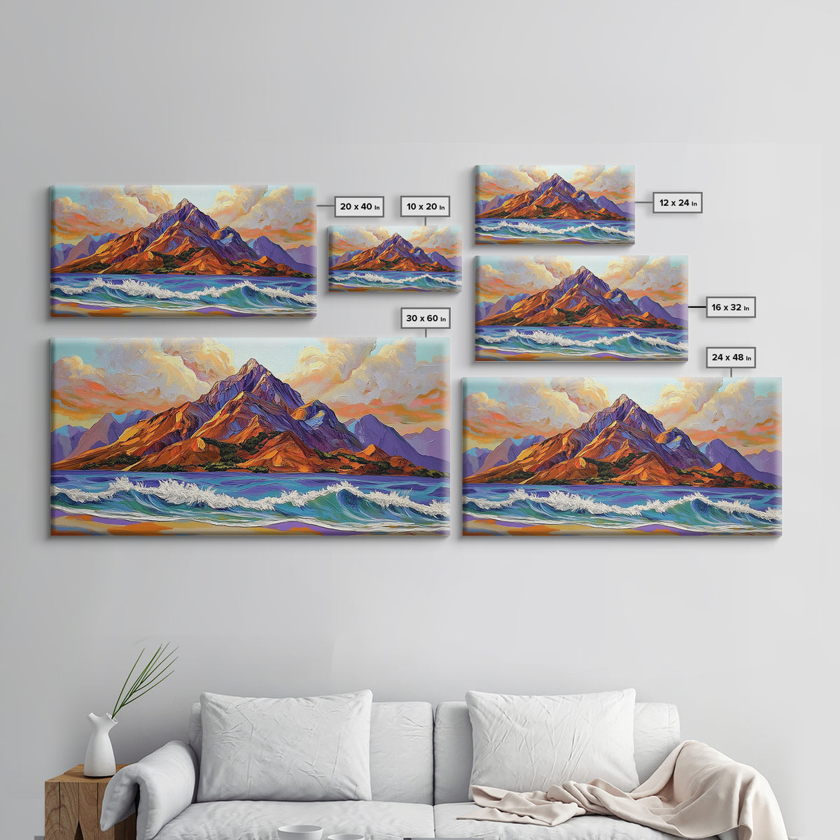Ocean Peak, Island Sunrise, Vibrant Mountain, Framed Canvas Print, Bold Coastal Art, Beach House Wall Decor, Sunset Vibes