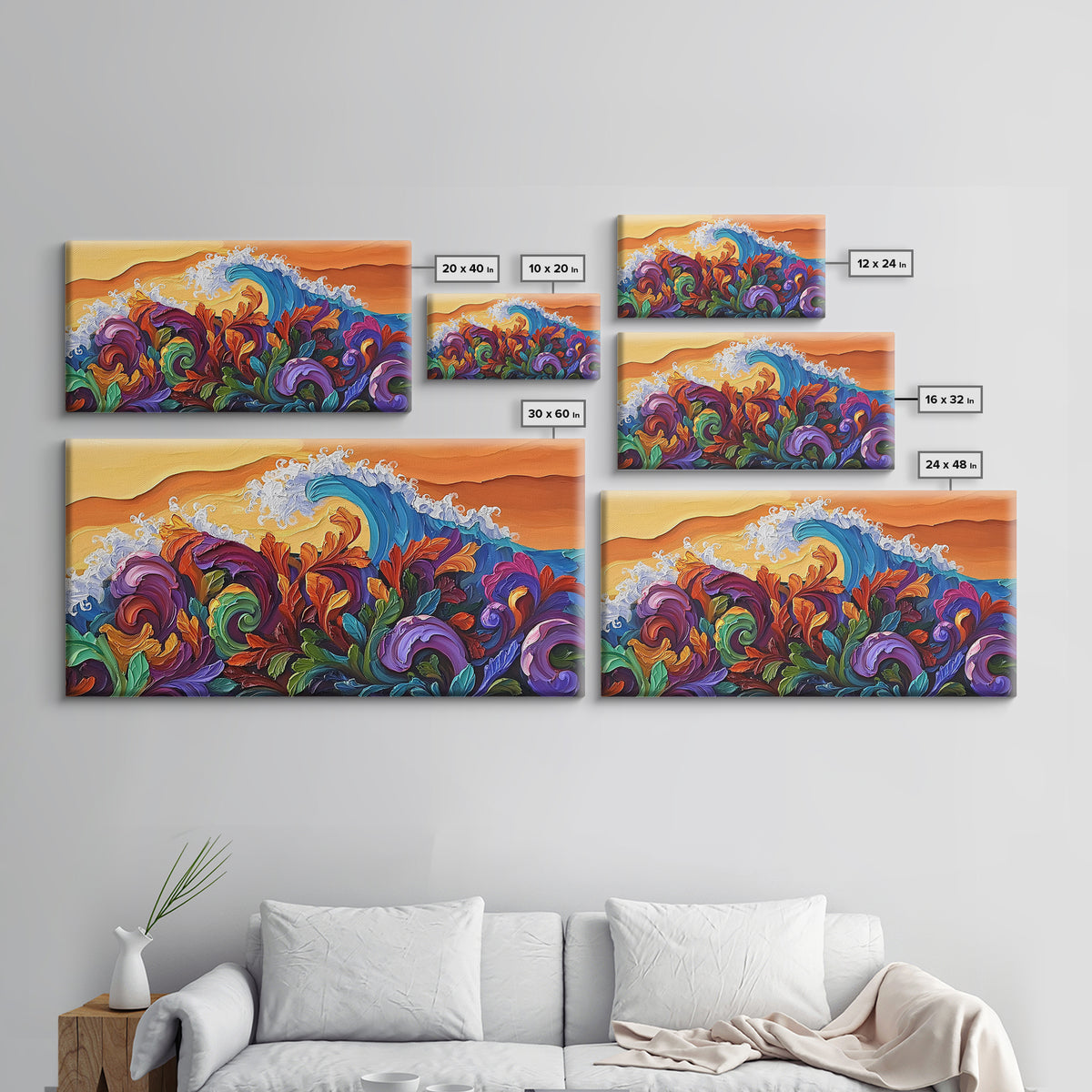 Abstract Wave, Tropical Swirl, Sunset Motion, Framed Canvas Print, Colorful Modern Wall Art, Living Room Decor, Bold Ocean Art