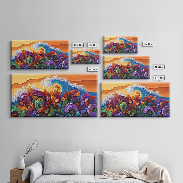 Abstract Wave, Tropical Swirl, Sunset Motion, Framed Canvas Print, Colorful Modern Wall Art, Living Room Decor, Bold Ocean Art